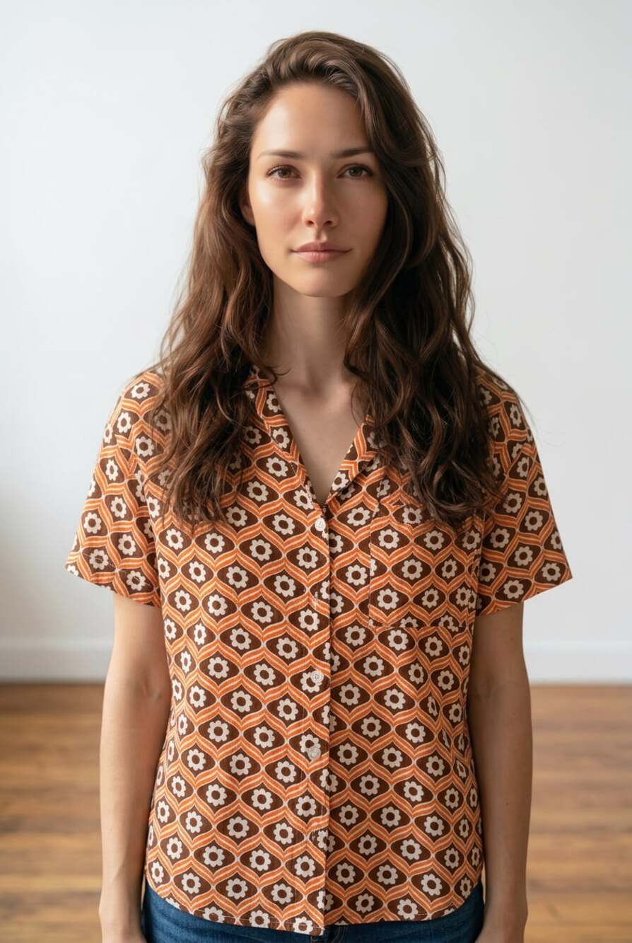 Self Esteem Vintage Inspired 70s Floral Print Camp Button Down Shirt